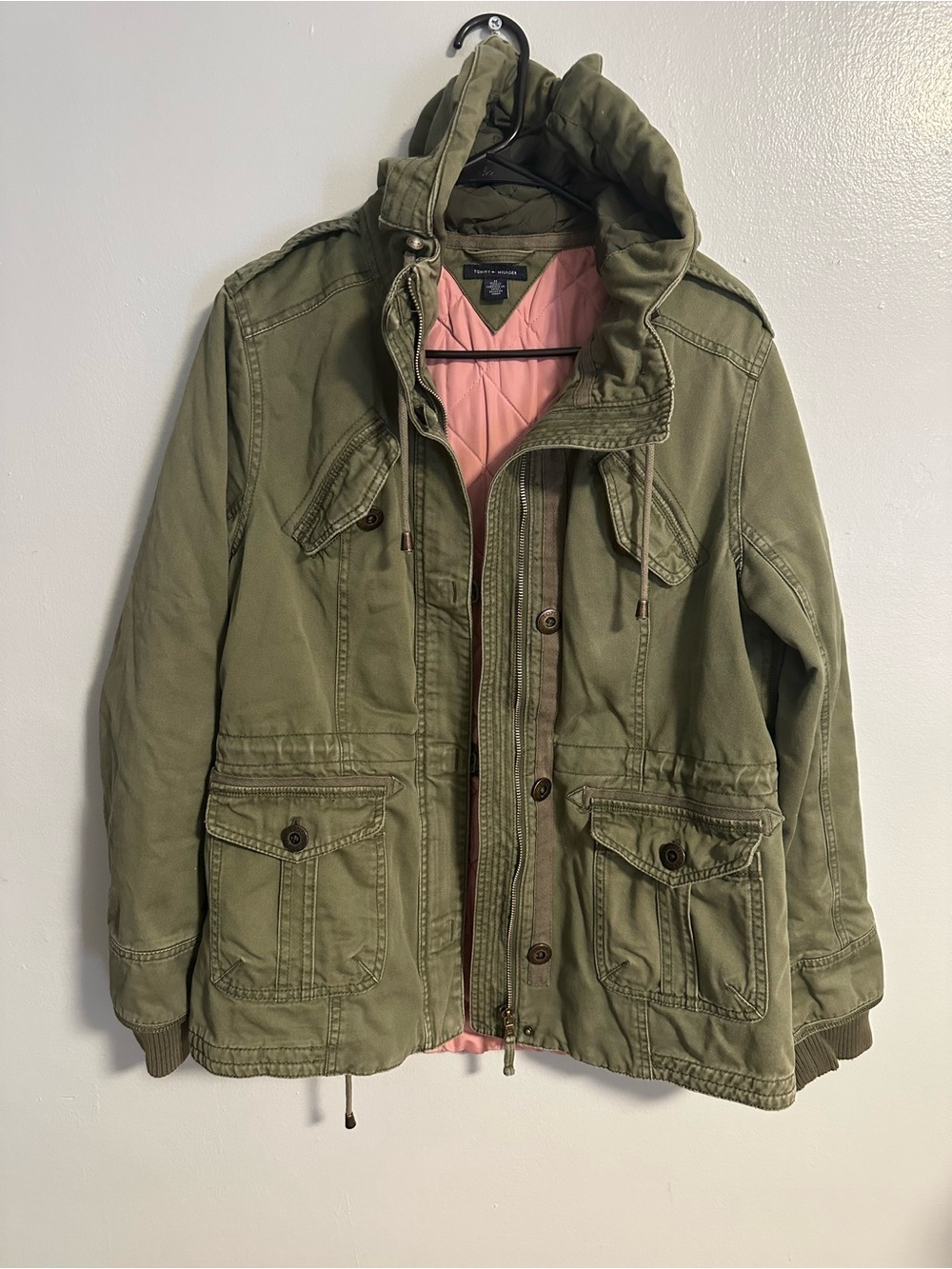 Tommy Hilfiger Olive Green Hooded Utility Jacket Pink Quilted Lining Size Medium